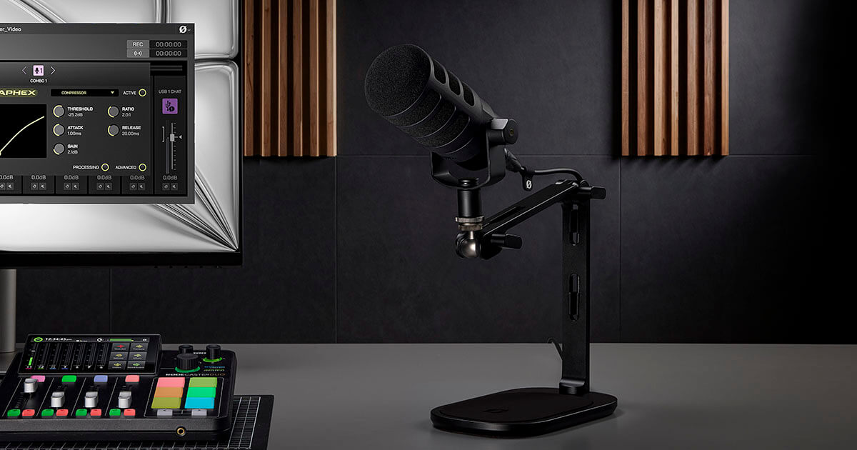 RØDE DS3 black desktop studio arm holding a microphone in a recording setup