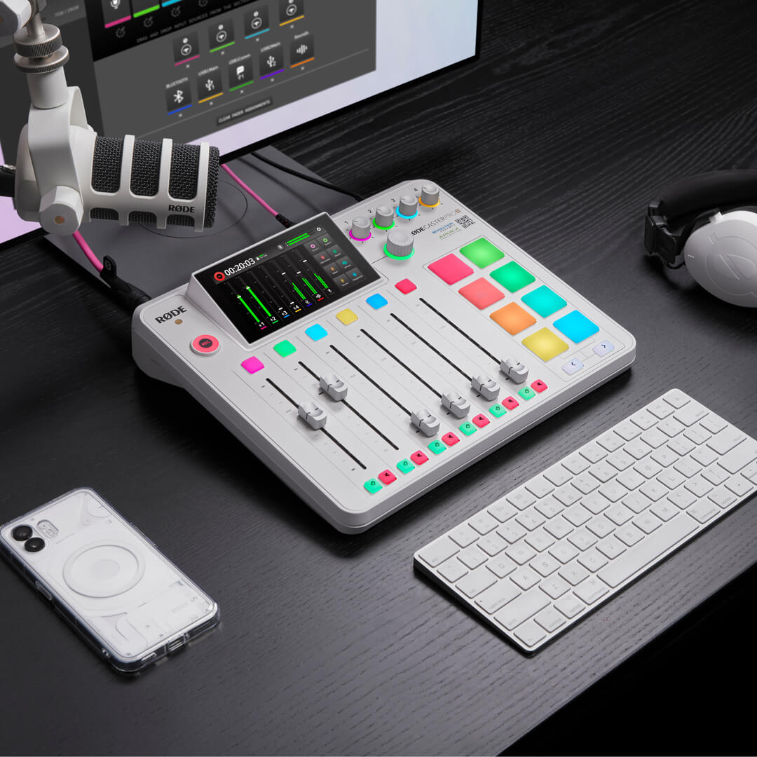 Desk setup featuring RØDECaster Pro II (White)