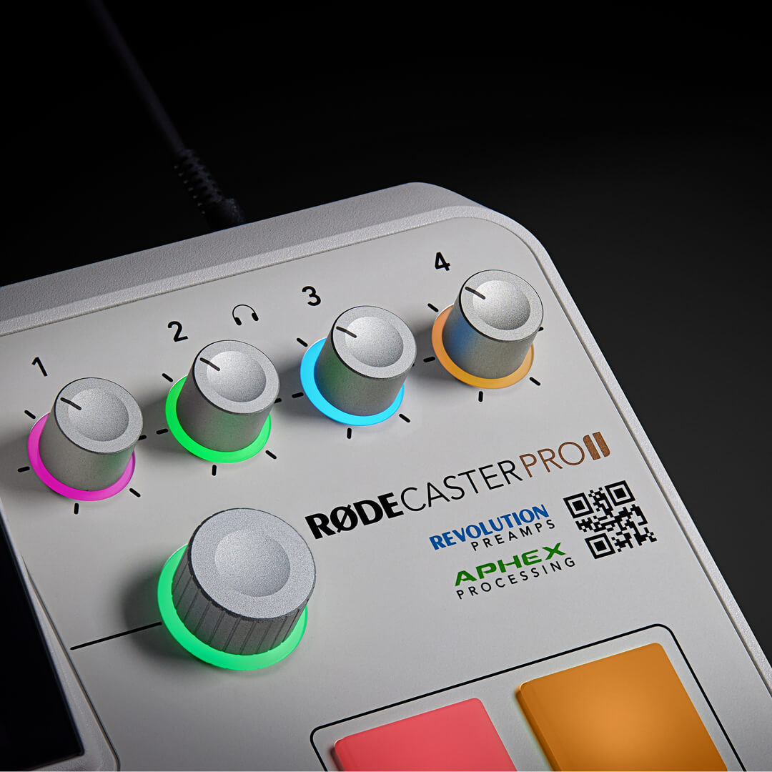 White RØDECaster Pro II on black background