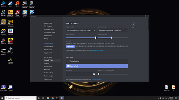 computer screenshot rodecaster pro connected to computer as an audio interface with discord open and audio settings displayed