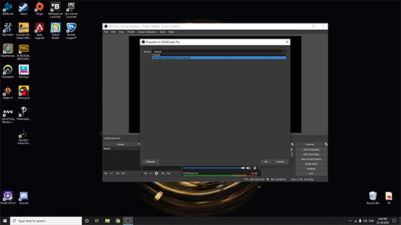 Windows PC screenshot of OBS settings selecting RØDECaster Pro Stereo as the audio device