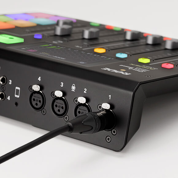Rear of RODECaster Pro with 1 XLR cable plugged into channel 1 XLR input