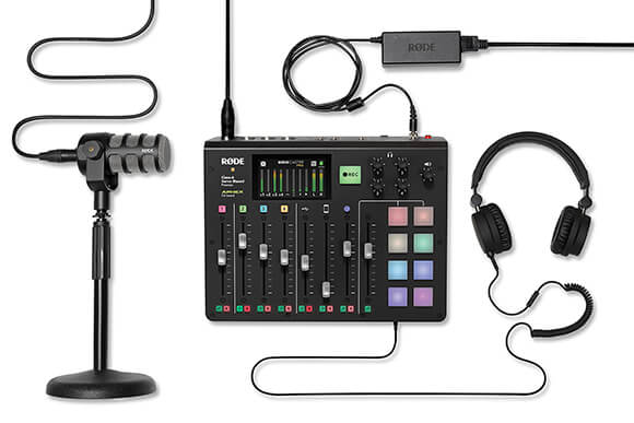 Flat lay of RØDECaster Pro, PodMic, DS1, power cable, XLR cable and headphones connected