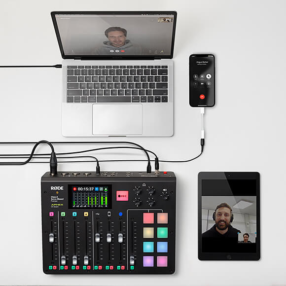RØDECaster Pro flat lay with Apple Macbook, iPhone 12 and iPad Pro connected to USB, Bluetooth and Smartphone channels