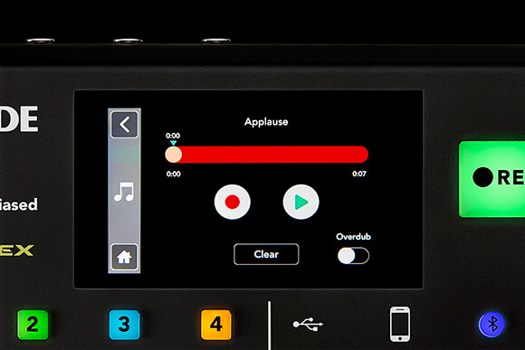 RØDECaster Pro Sound Pads recording menu with Overdub mode displayed