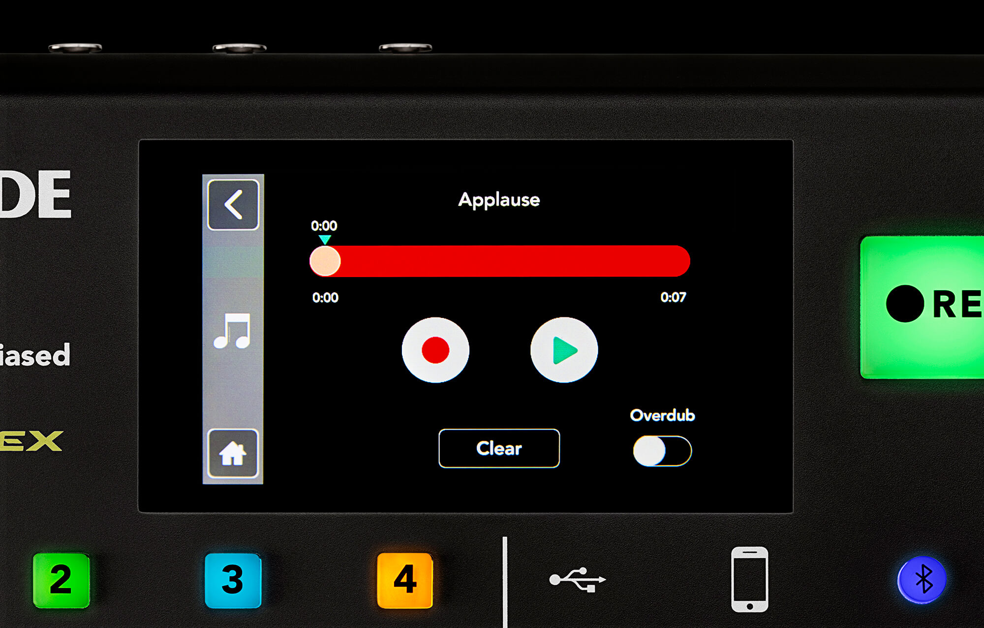 RØDECaster Pro Sound Pads recording menu with Overdub mode displayed