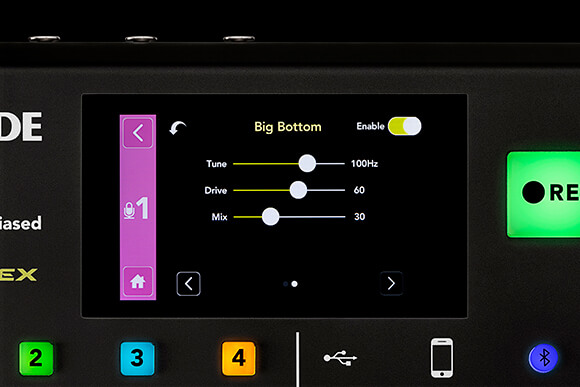 RODECaster Pro screen with Aphex Big Bottom processor settings