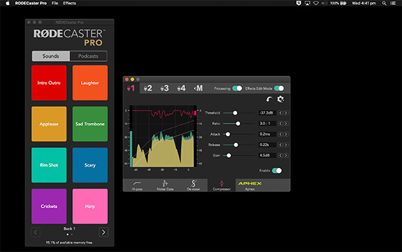 Computer screenshot with RODECaster Pro Companion app and advanced effects processing displayed with the compressor open
