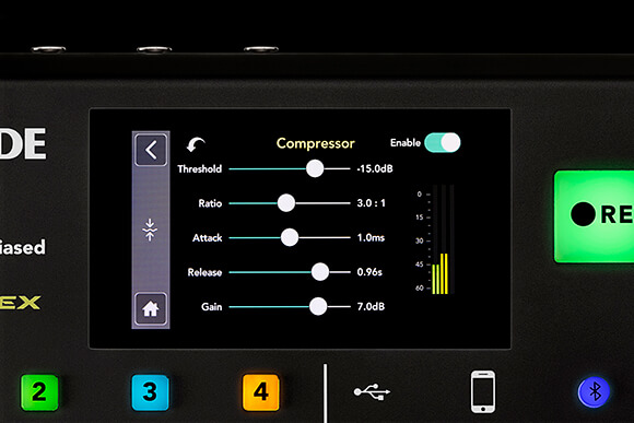 RODECaster Pro screen with Master Compressor menu displayed and parameters