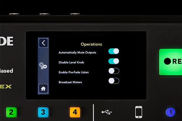 Operations menu on the RODECaster Pro with Automatically Mute Outputs and Disable Level Knob activated.