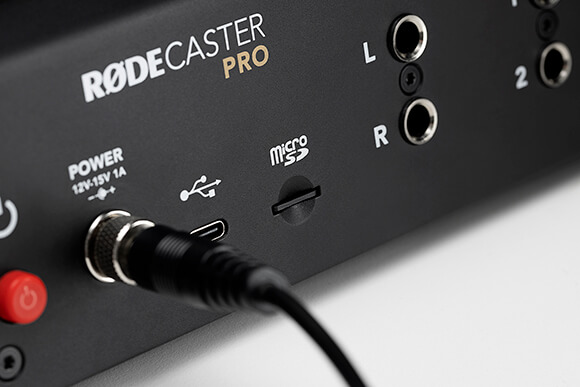 Back of RODECaster Pro with microSD card slot, power cable, power button and USB connector