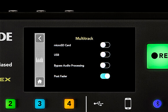 Multitrack menu on the RODECaster Pro with the Post Fader option selected