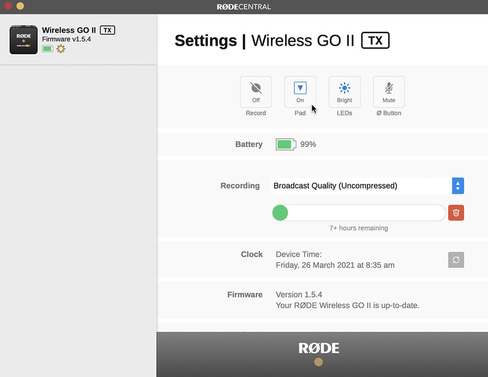RØDE Central Software Screenshot - indicating PAD is engaged
