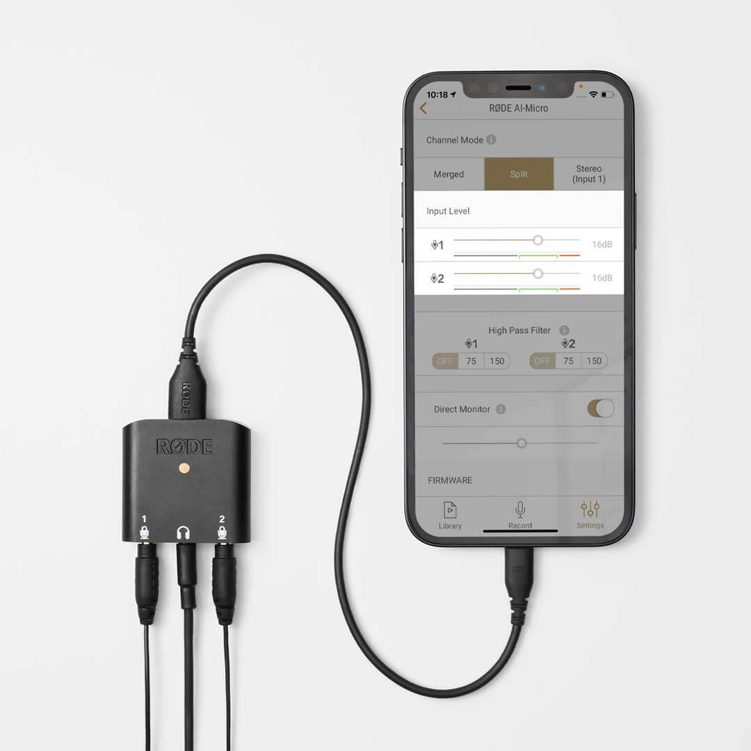 AI Micro plugged into phone with adjusting the gain