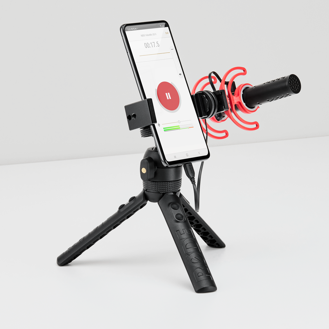 Videomic Go II on tripod with android phone and Rode Reporter App