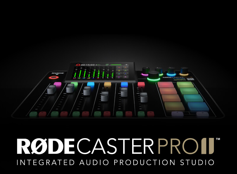Dramatic Image of Rodecaster Pro II on black with Logo