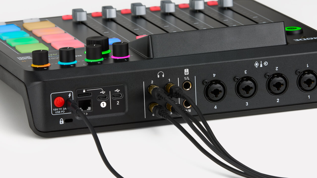 Back of RØDECaster Pro II showing headphone outputs connected