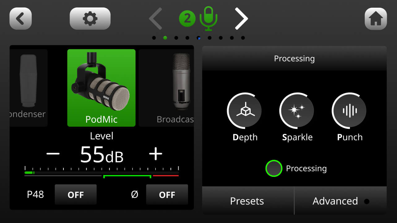 RØDECaster Pro II microphone processing screen