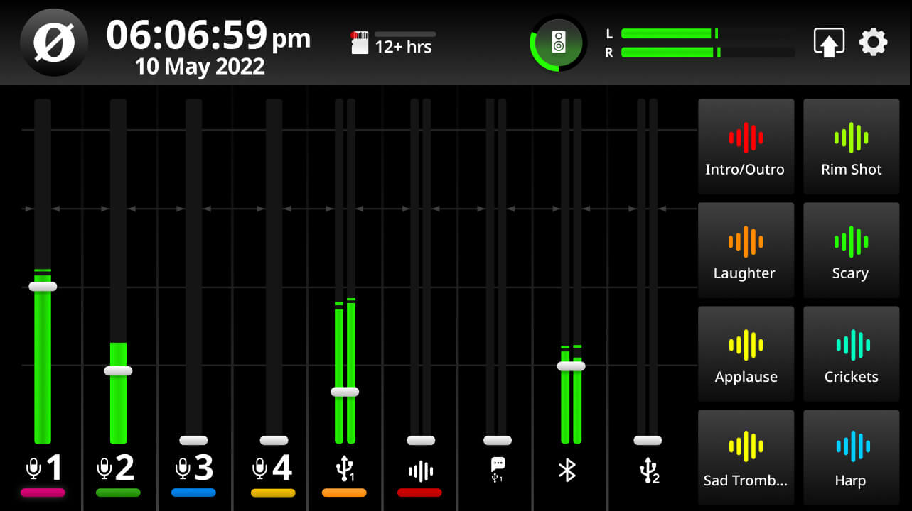 RØDECaster Pro II default mixer screen with levels showing on different channels