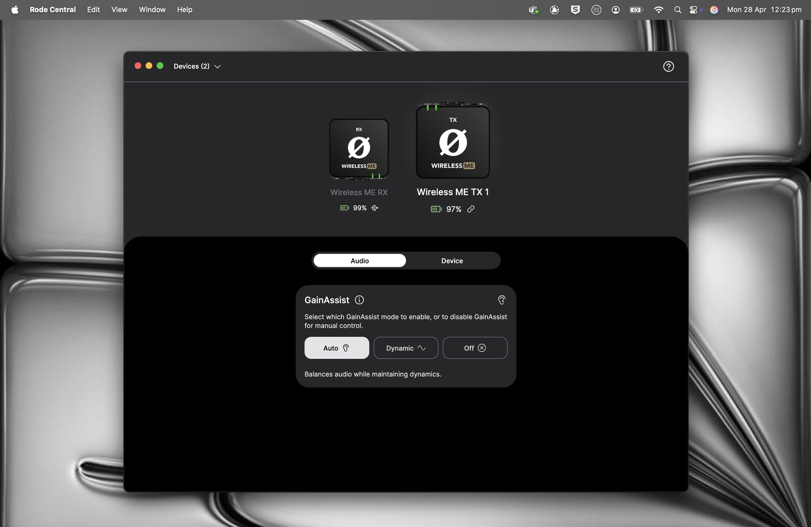 RØDE Central showing Wireless ME GainAssist modes