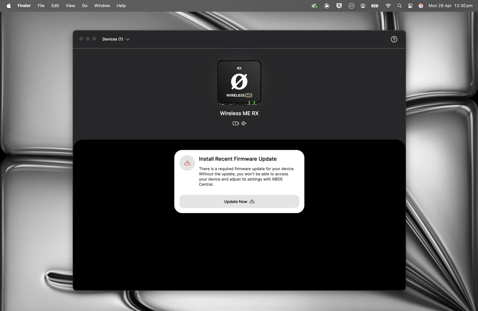 RØDE Central showing firmware update available for Wireless ME