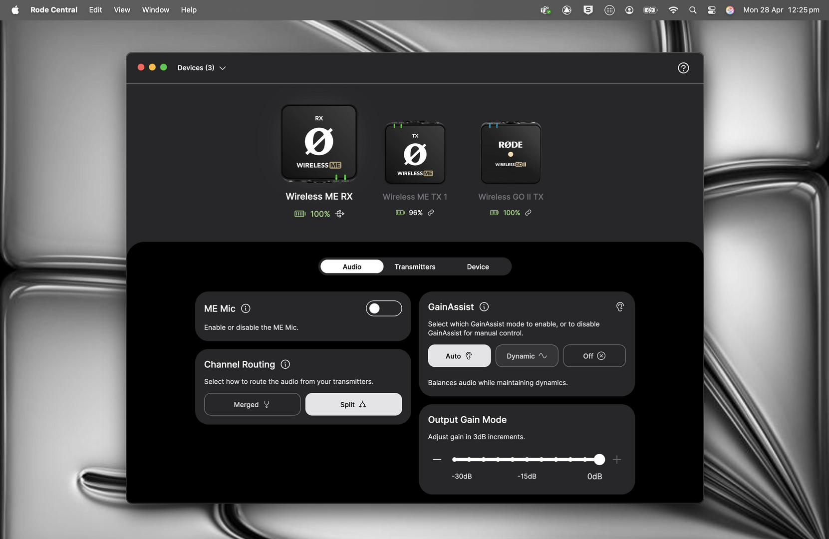 Wireless ME RX settings in RØDE Central showing multiple TX connected