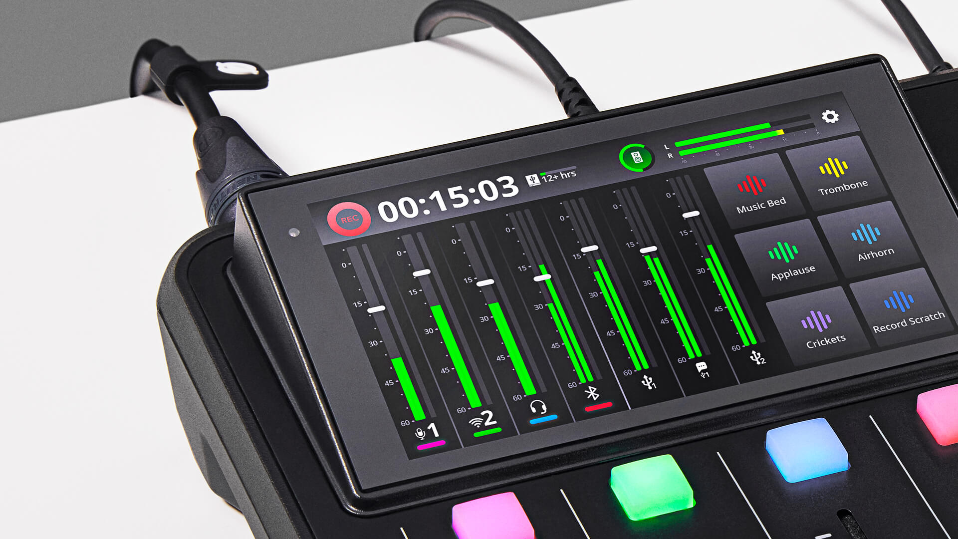 RØDECaster Duo screen showing meter levels