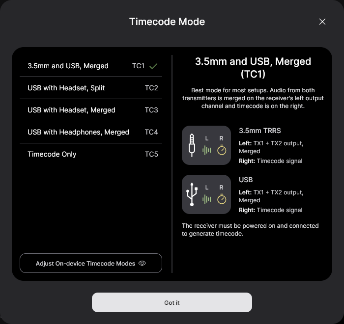 Wireless PRO Timecode Mode 1 settings