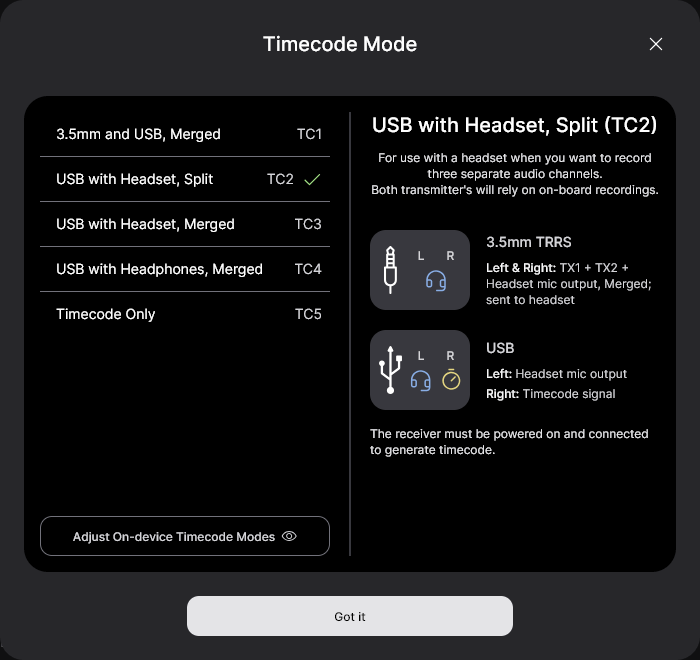 Wireless PRO Timecode Mode 2 settings