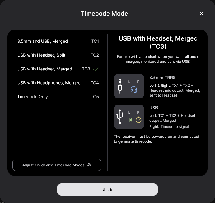 Wireless PRO Timecode Mode 3 settings