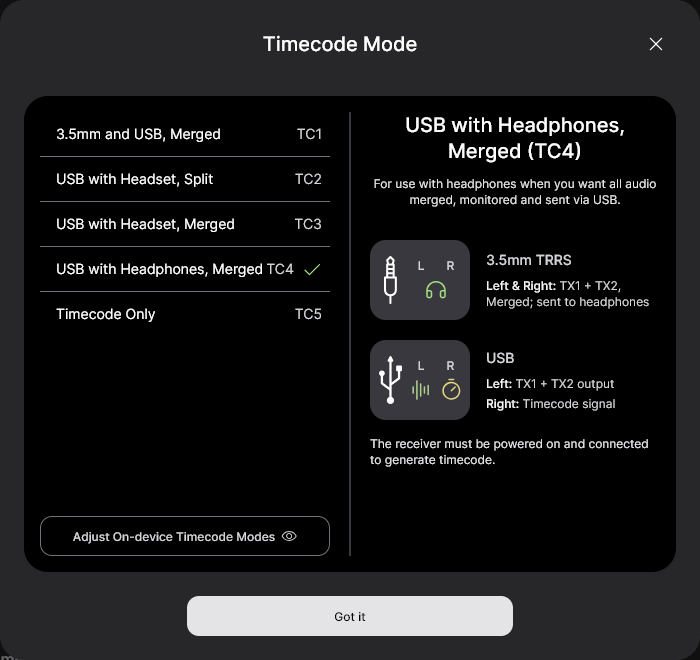 Wireless PRO Timecode Mode 4 settings