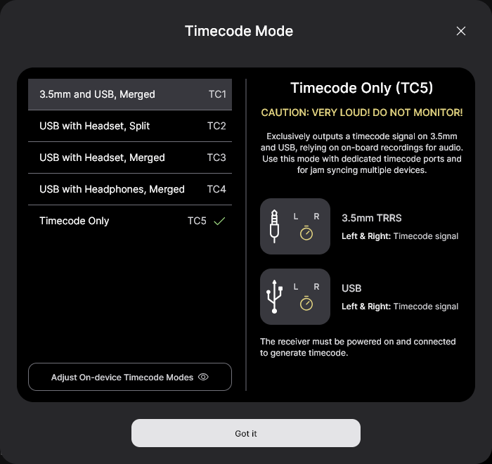 Wireless PRO Timecode Mode 5 settings
