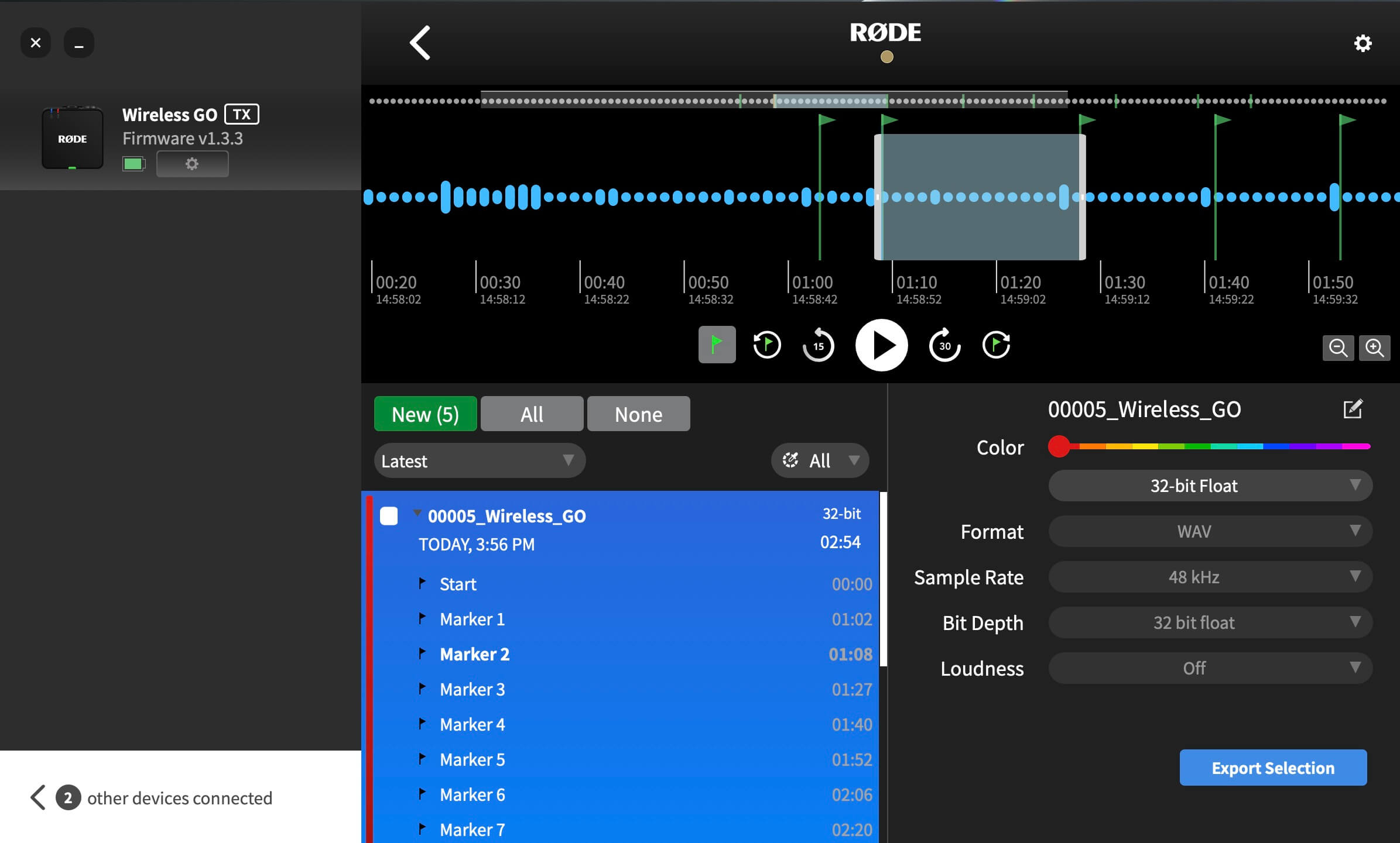 Wireless GO (Gen 3) recordings showing marker points in RØDE Central