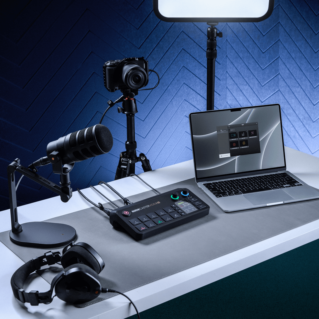 Laptop showing RØDE Central with RØDECaster Video settings