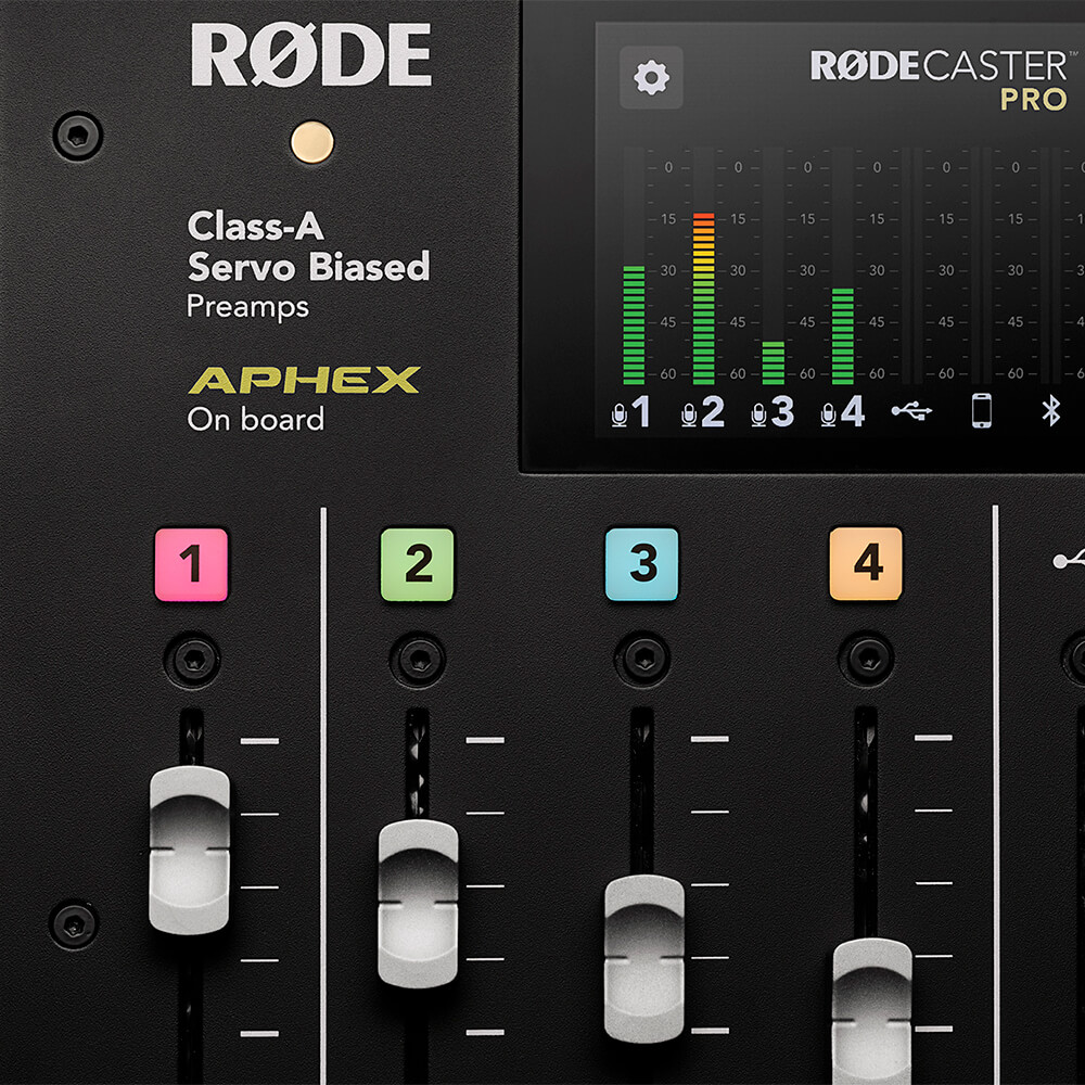 Níveis do medidor exibidos na tela do RØDECaster Pro