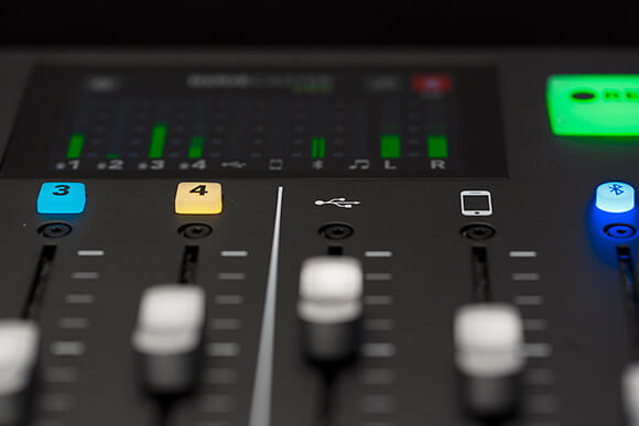 RØDECaster Pro channel faders and meters with signal, USB channel focused