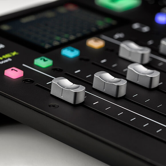 rodecaster pro microphone channel faders and channel buttons