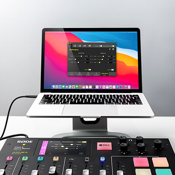 RØDECaster Pro in front of Mac with Companion App on screen with Effects Edit Mode enabled and Advanced Audio Processing applied