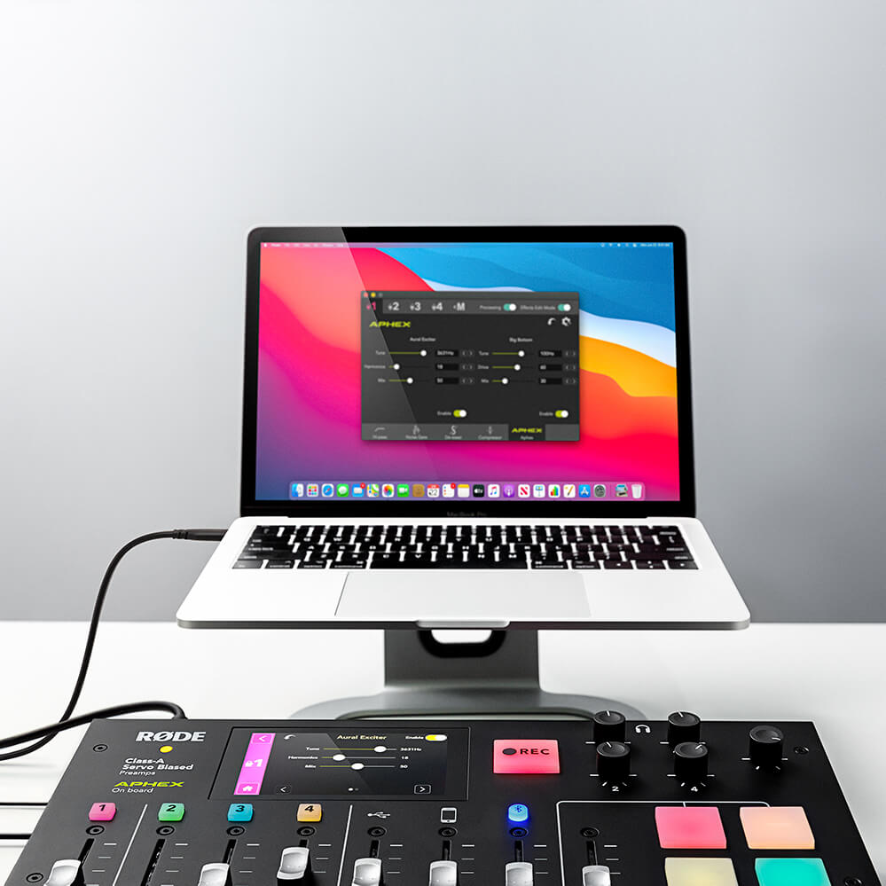RØDECaster Pro in front of Mac with Companion App on screen with Effects Edit Mode enabled and Advanced Audio Processing applied