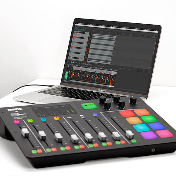 rodecaster pro connected via usb cable to a macbook pro with reaper open recording multitrack audio