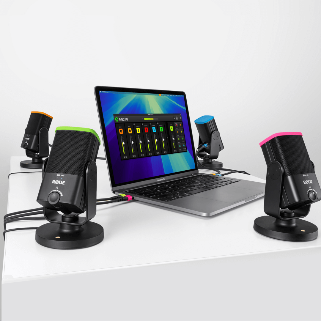 Four NT-USB Minis connected to laptop via RØDE Connect