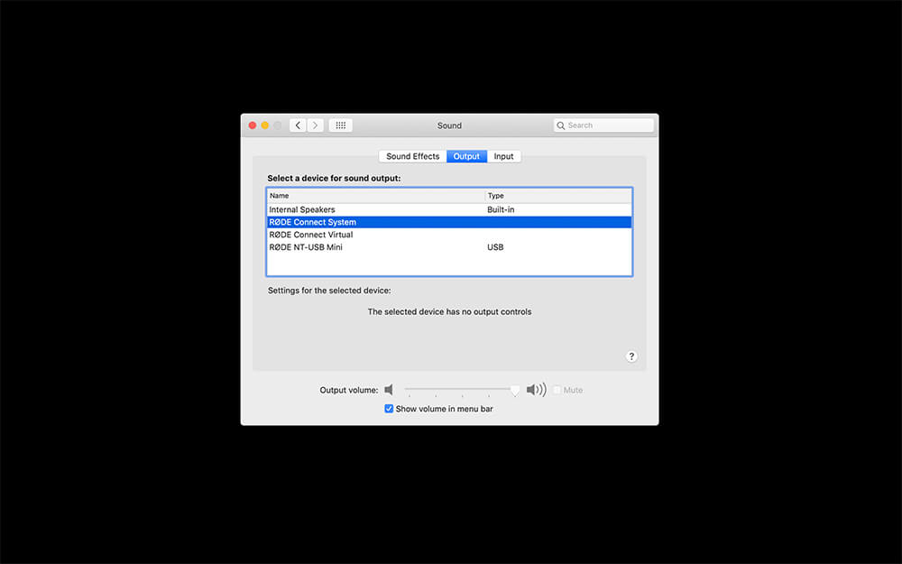 Screenshot of audio settings within computer, selecting ‘RODE Connect System’