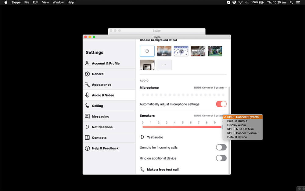 Screenshot of Google Hangouts audio settings within computer, selecting ‘RODE System Audio’.