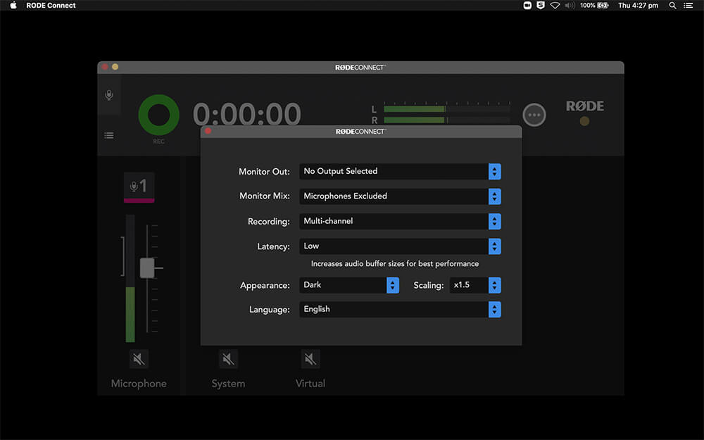 RODE Connect Advanced settings with options open
