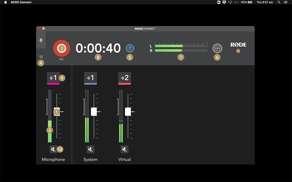 Large image of RØDE Connect with gold numbers next to various features (lightbox version needed)