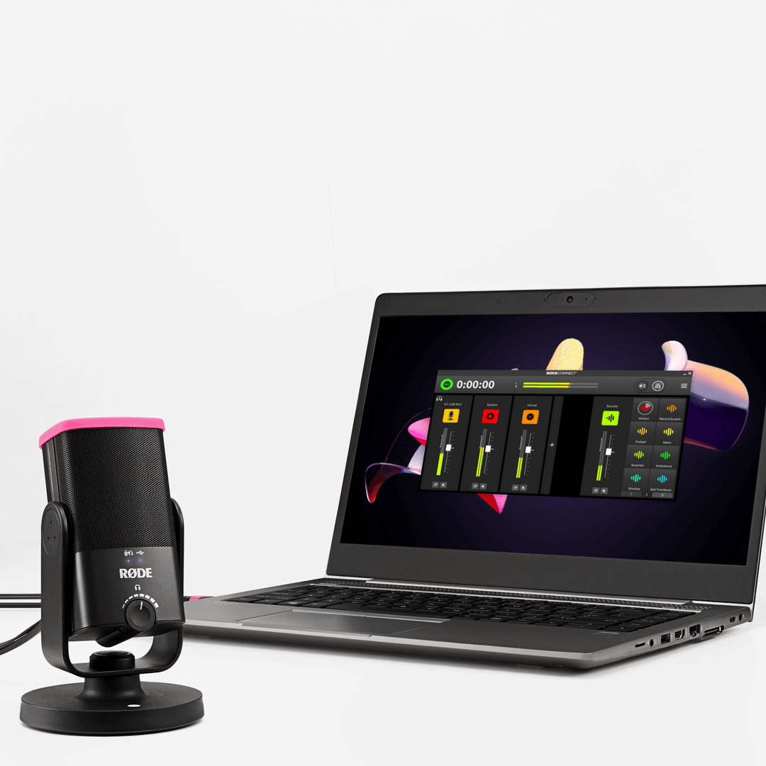 NT-USB Mini connected to laptop showing RØDE Connect APHEX processing