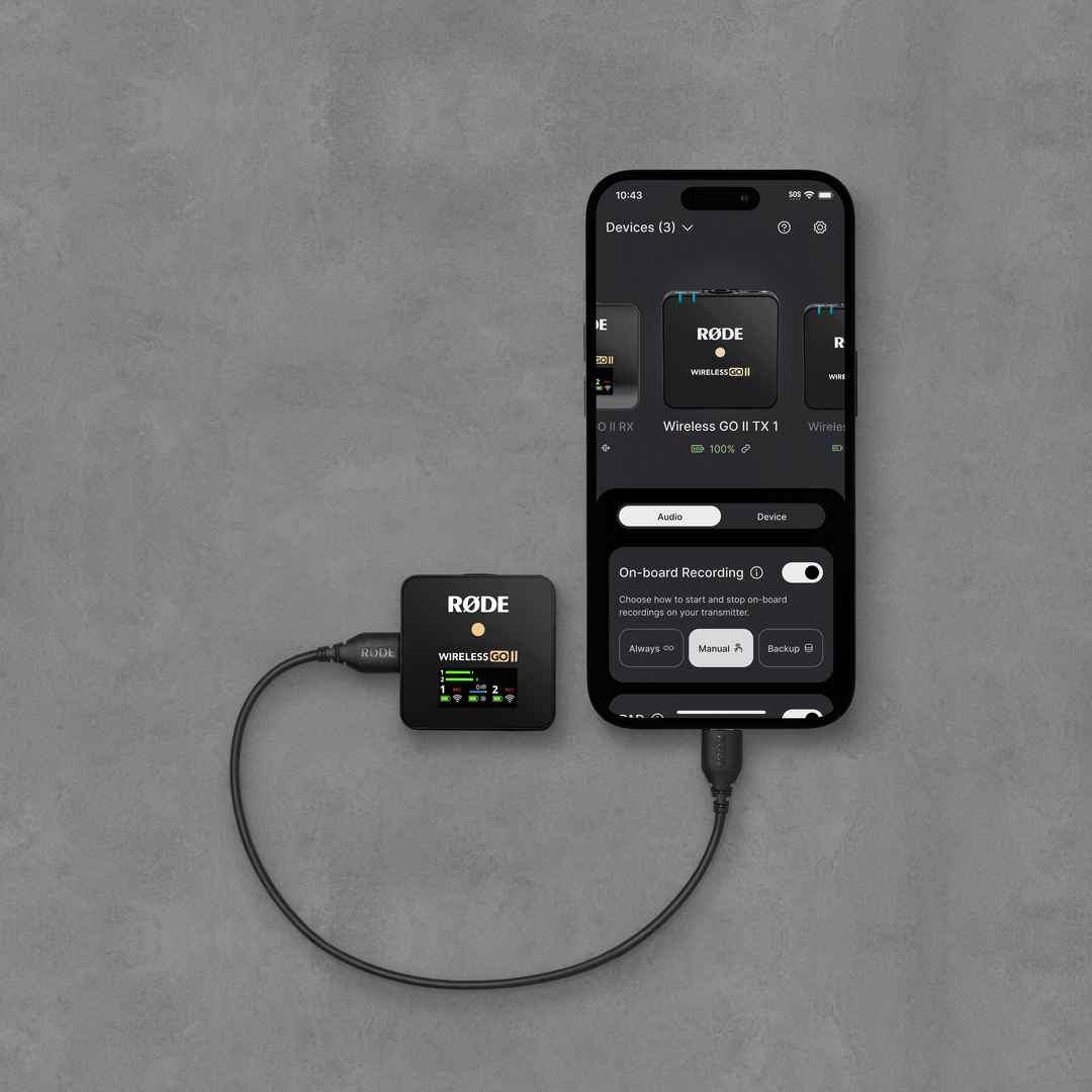 Wireless GO II receiver connected to mobile phone showing RØDE Central Mobile