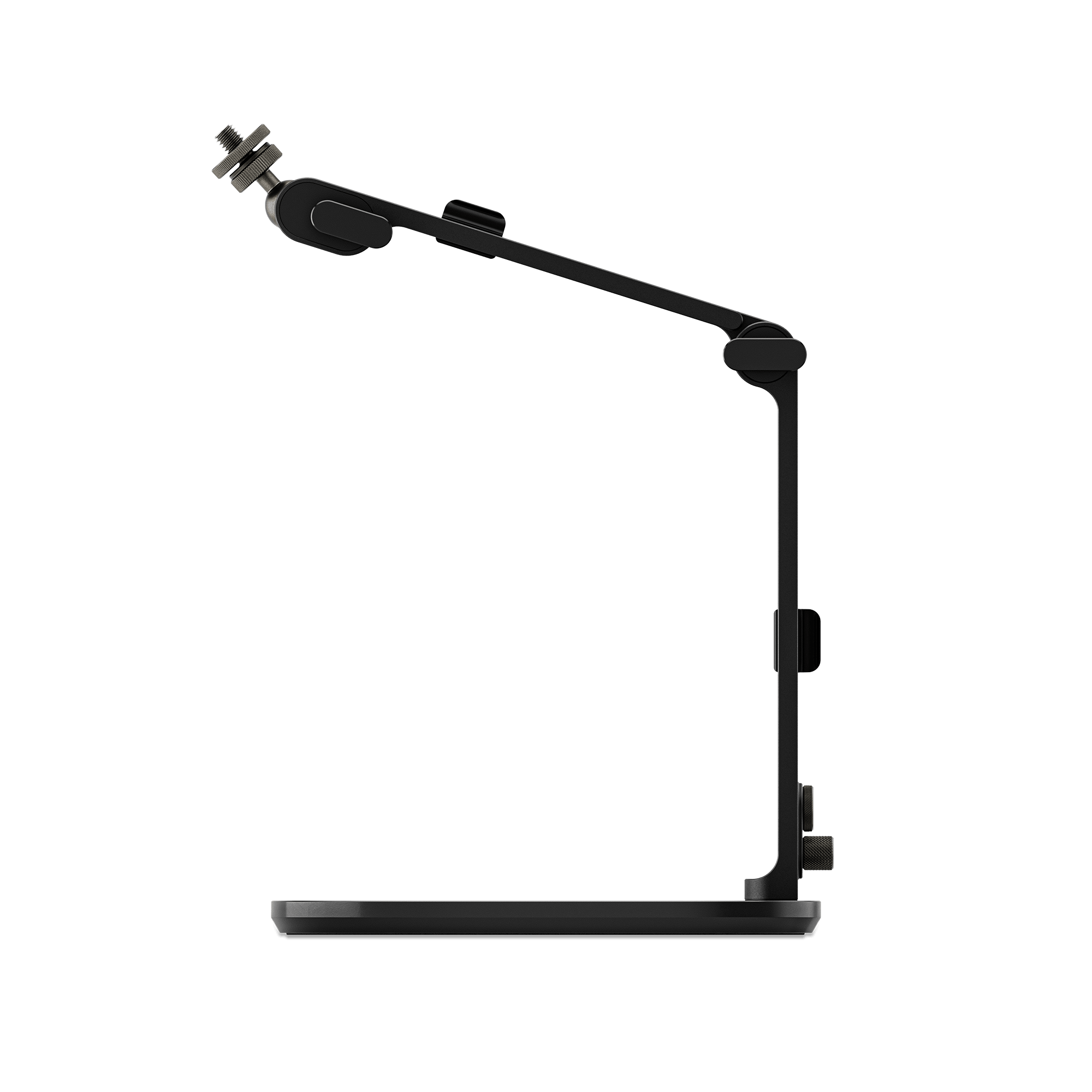 Side profile of the RØDE DS3 showing its weighted desktop base and adjustable arm